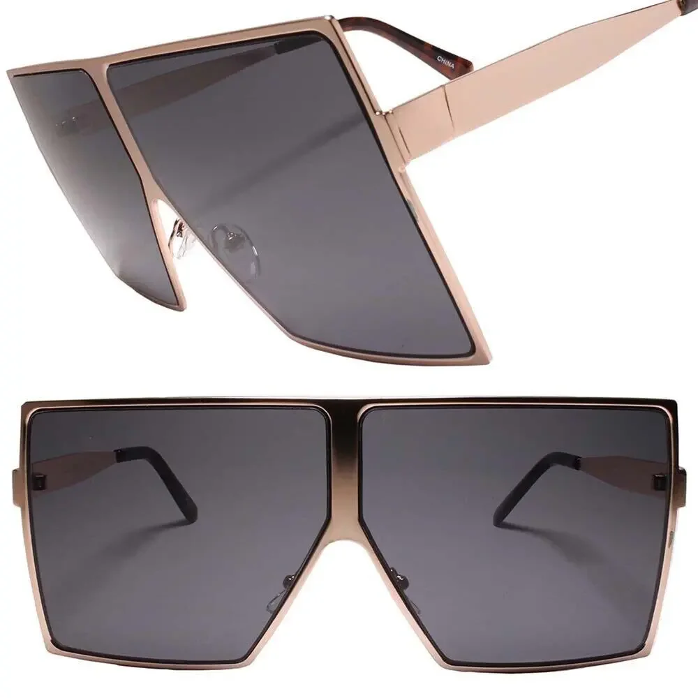 Contemporary Glam XXL Oversized Metal Square Gold Sunglasses Women